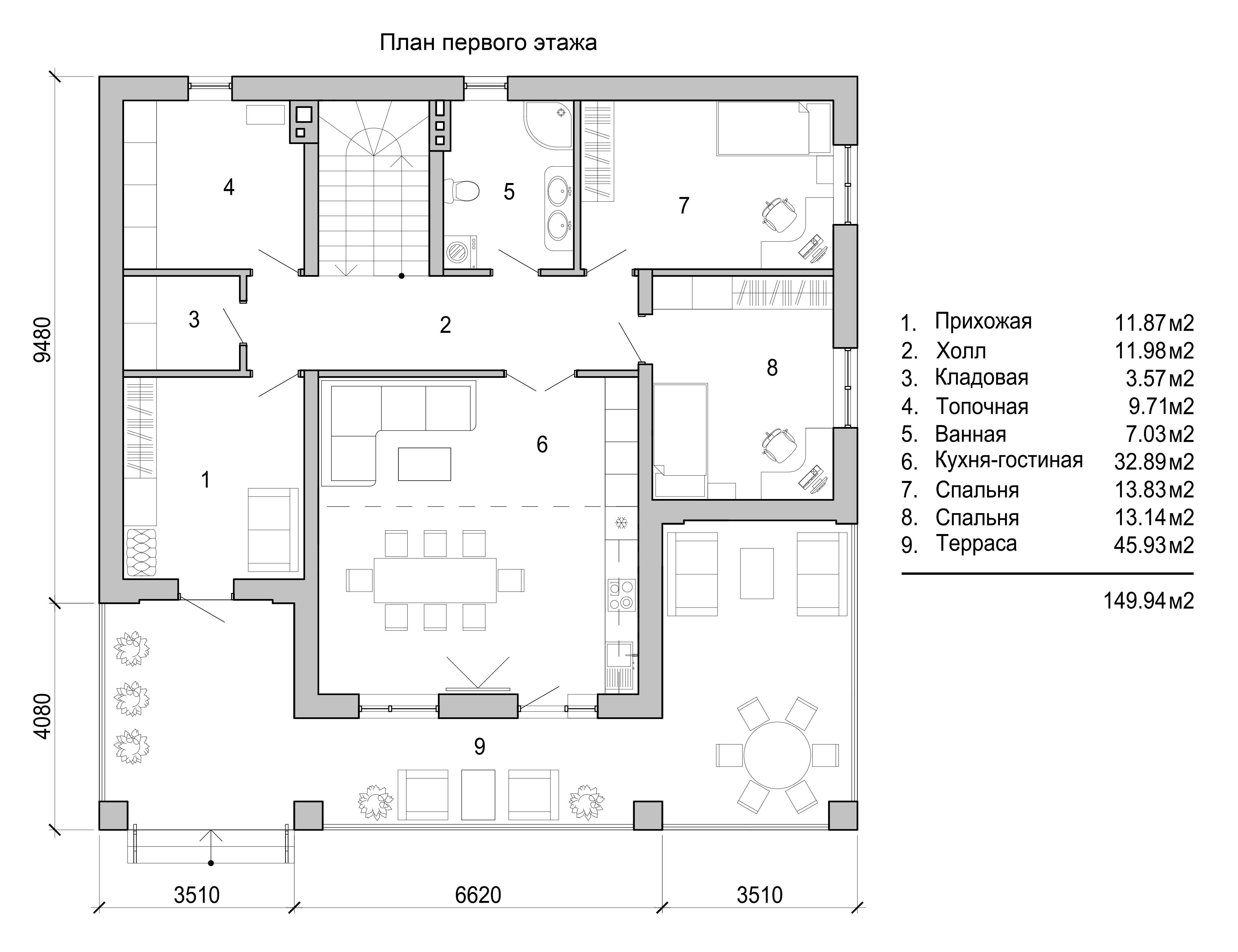 План двухэтажного дома со спальней на 1 этаже