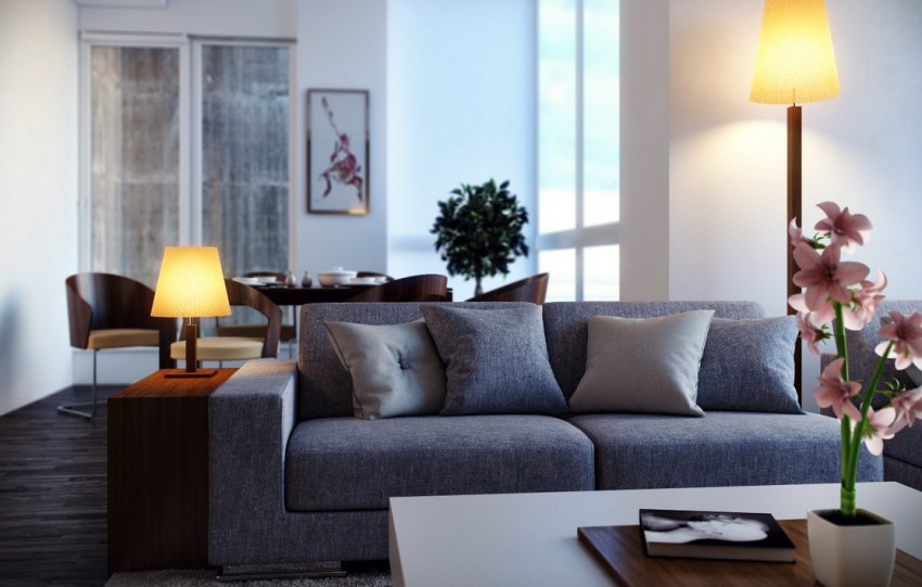 Светло серый диван в интерьере гостиной