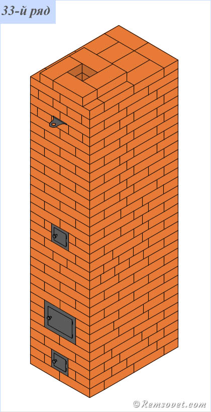 Порядовка отопительной печи, 33-й ряд, начало кладки трубы
