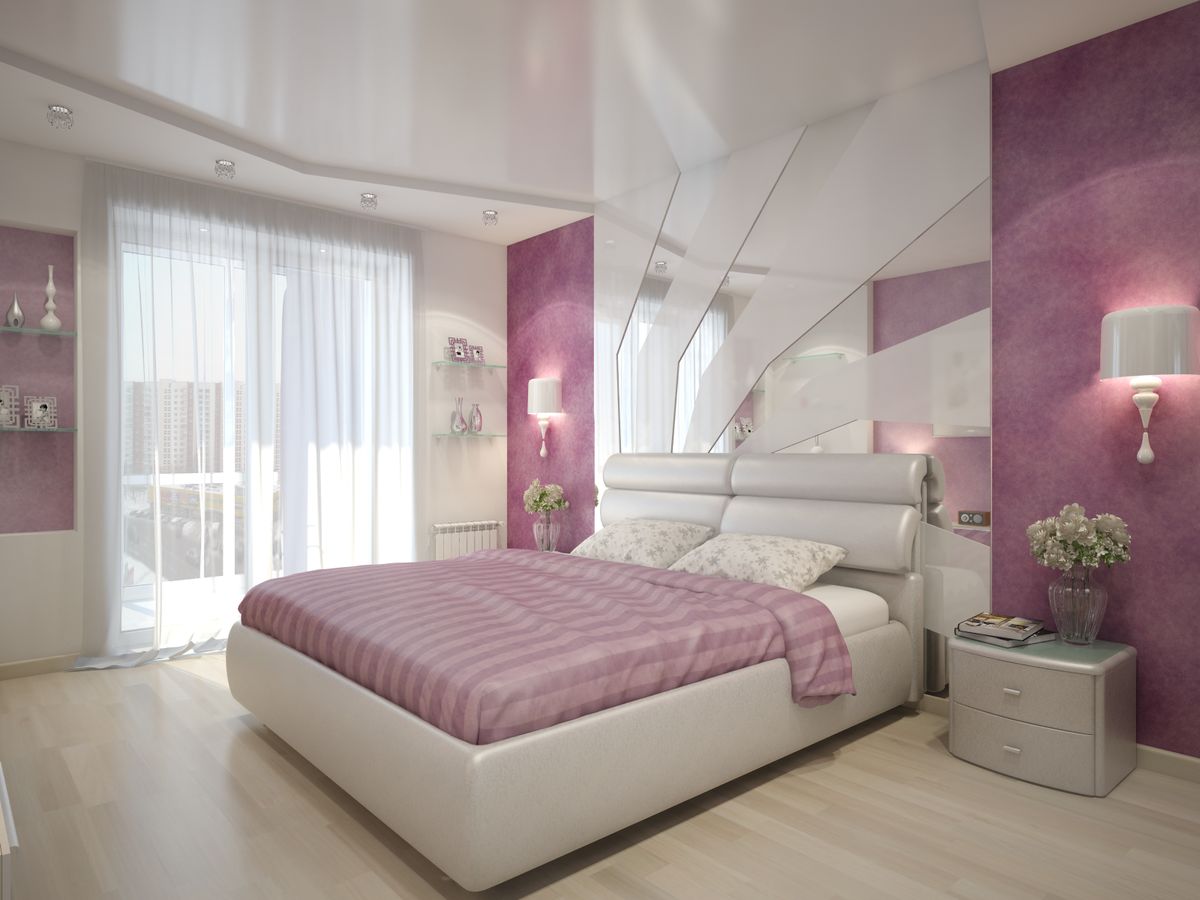 Белый, серый и розовый в спальне