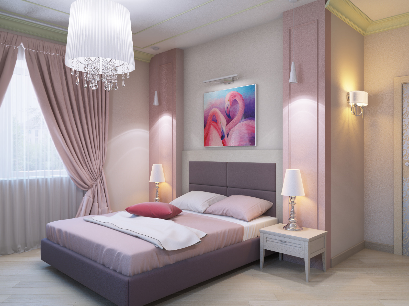 Плотные шторы и тюль в спальне в розовых тонах