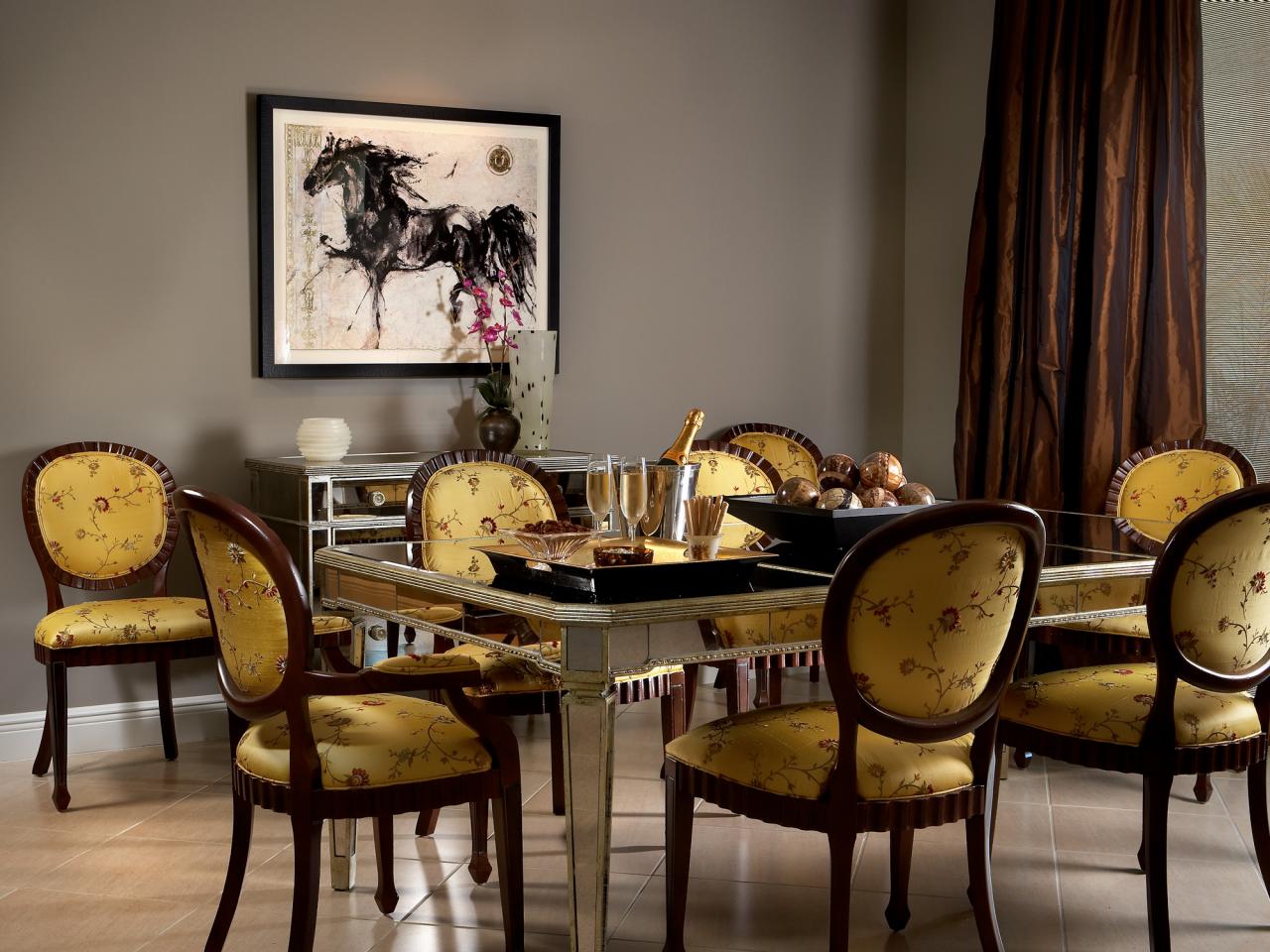 Серый, коричневый и желтый цвета в интерьере столовой в стиле эклектика