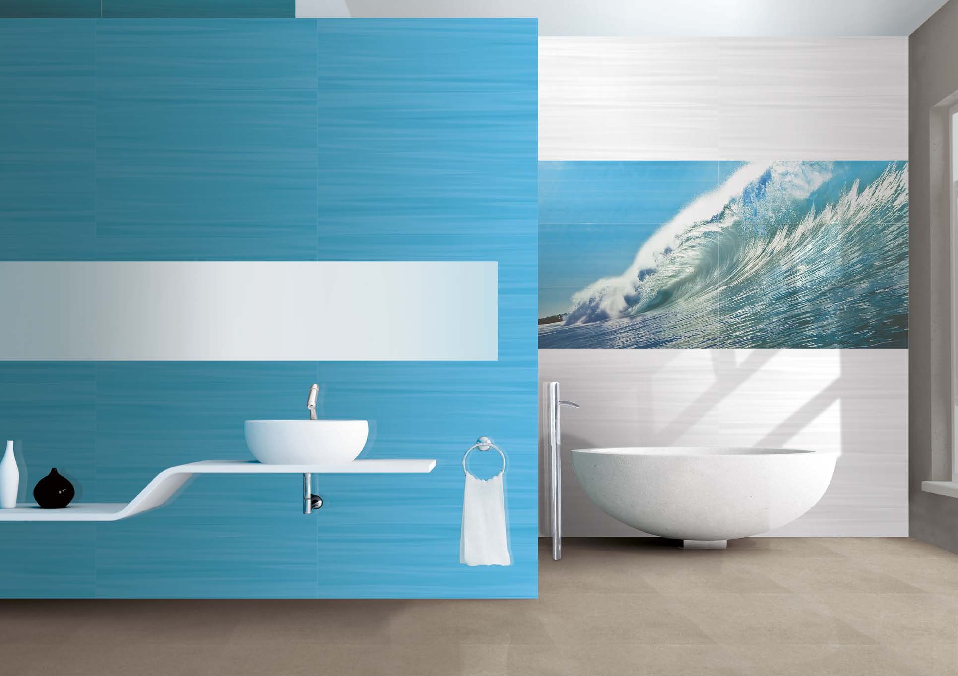 Красивый дизайн стен в голубой ванной