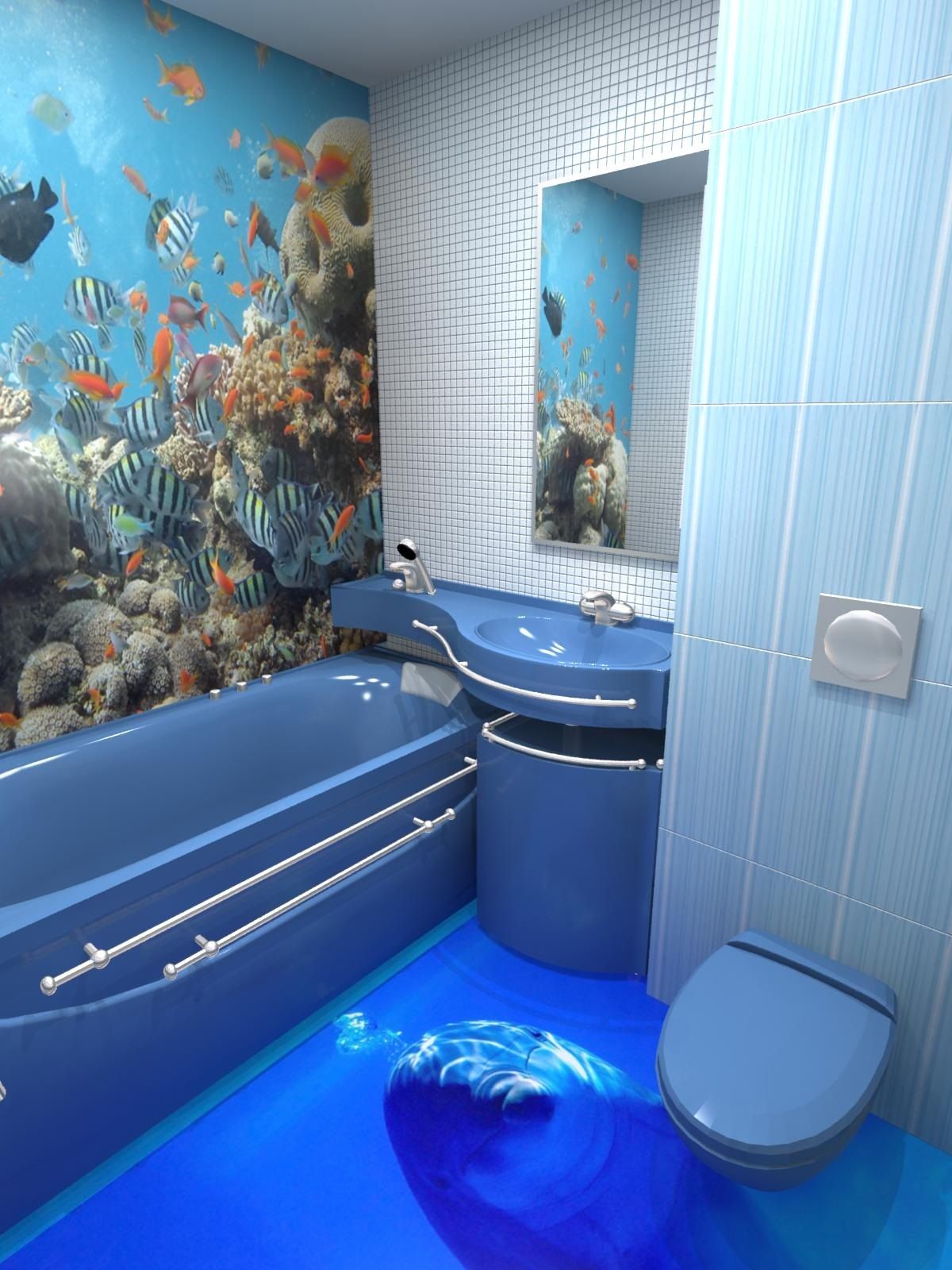 Голубая плитка в дизайне ванной