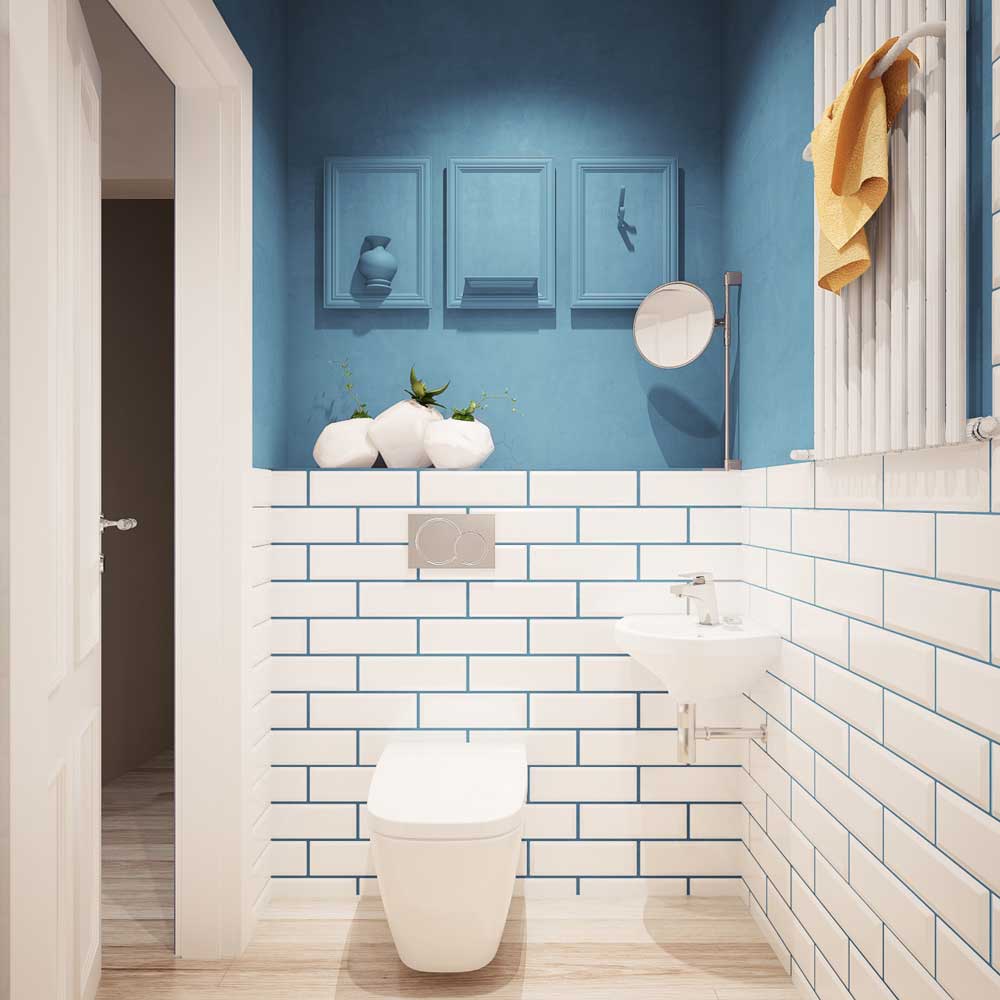 Бело-голубая отделка стен в ванной