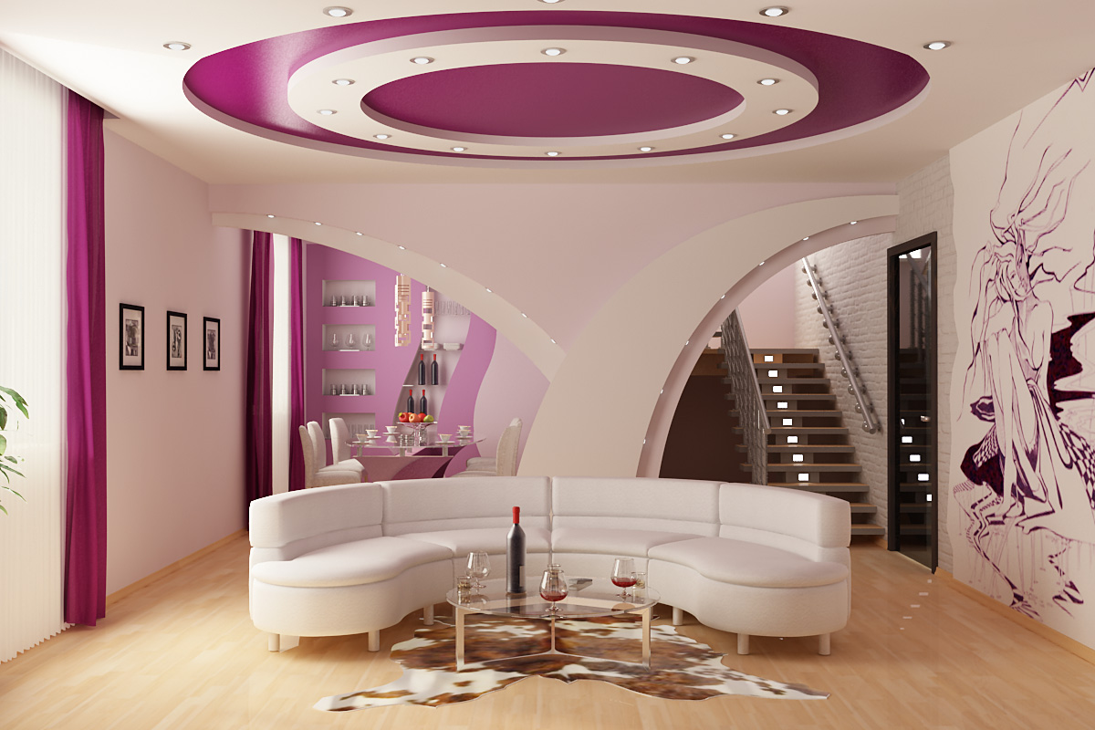Фиолетовый фигурный потолок