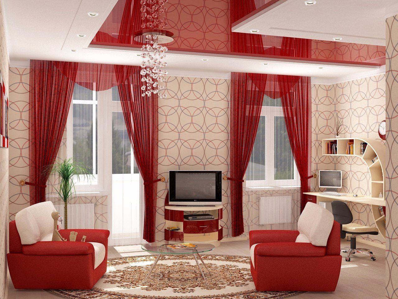 Серая гостиная с красным диваном