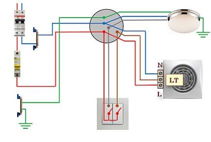 Схема подключения вентилятора с таймером к 2-клавишному выключателю