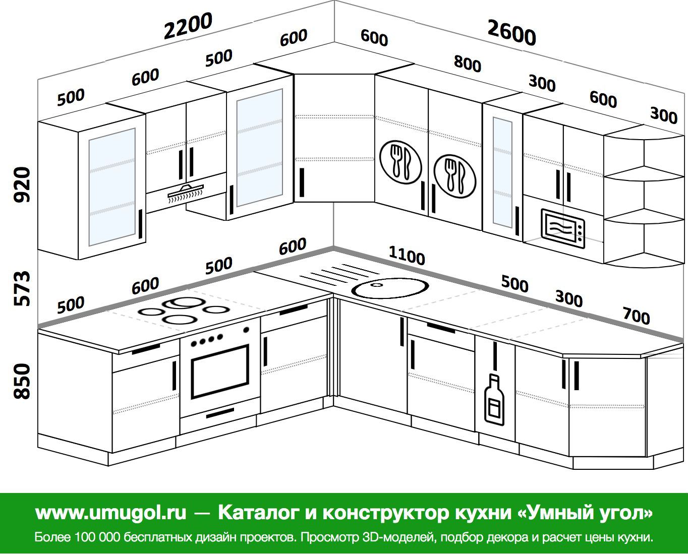 Схема кухни угловой с размерами