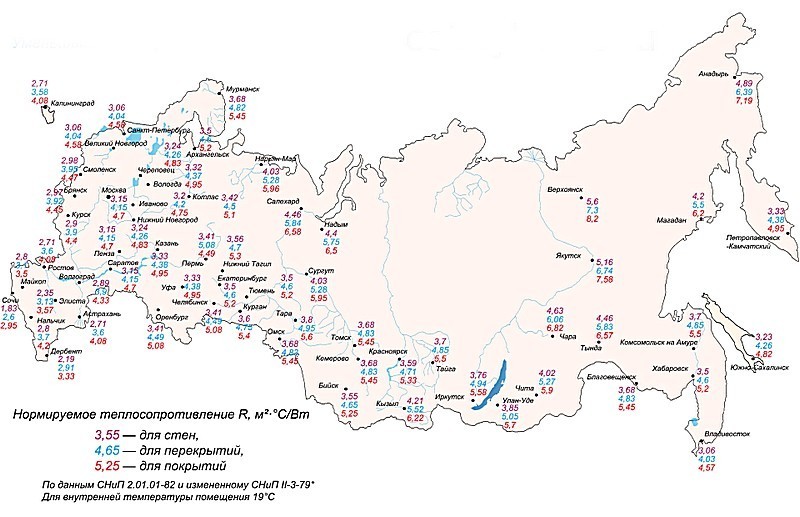 Карта-схема для определения нормированного сопротивления теплопередаче строительных конструкций (по регионам РФ).