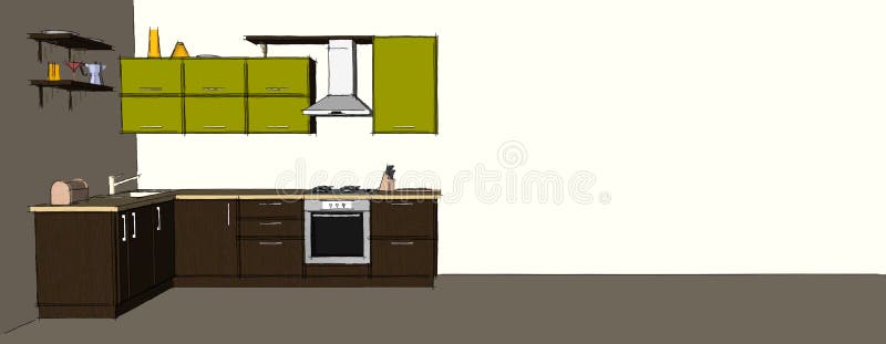 Abstract drawing of green and brown modern corner kitchen interior. Sketch abstract drawing of green and brown modern corner kitchen interior on long background royalty free illustration