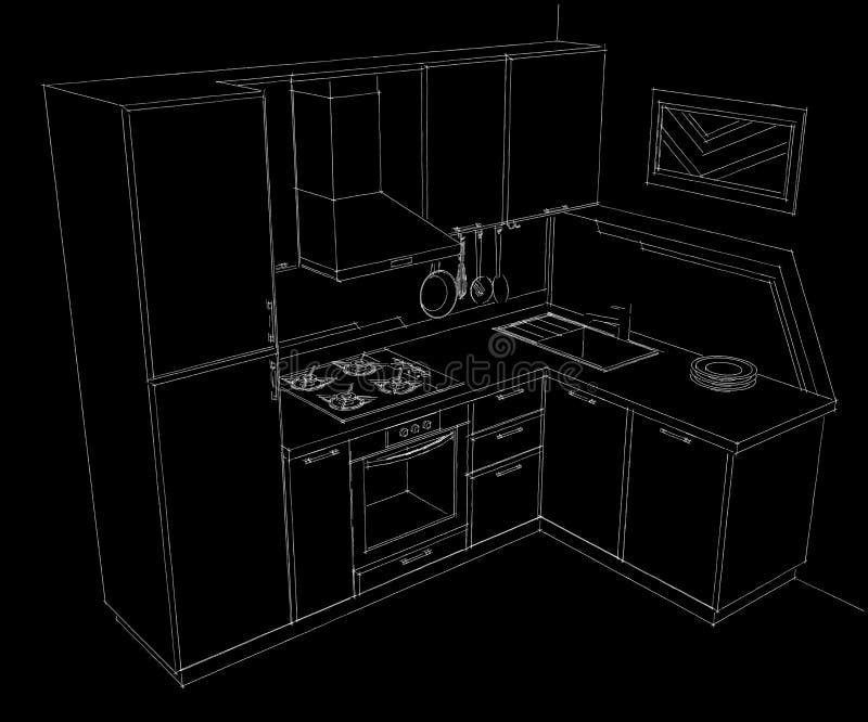 Black and white hand drawn illustration of small corner kitchen interior with built in fridge. Perspective view on black background stock illustration