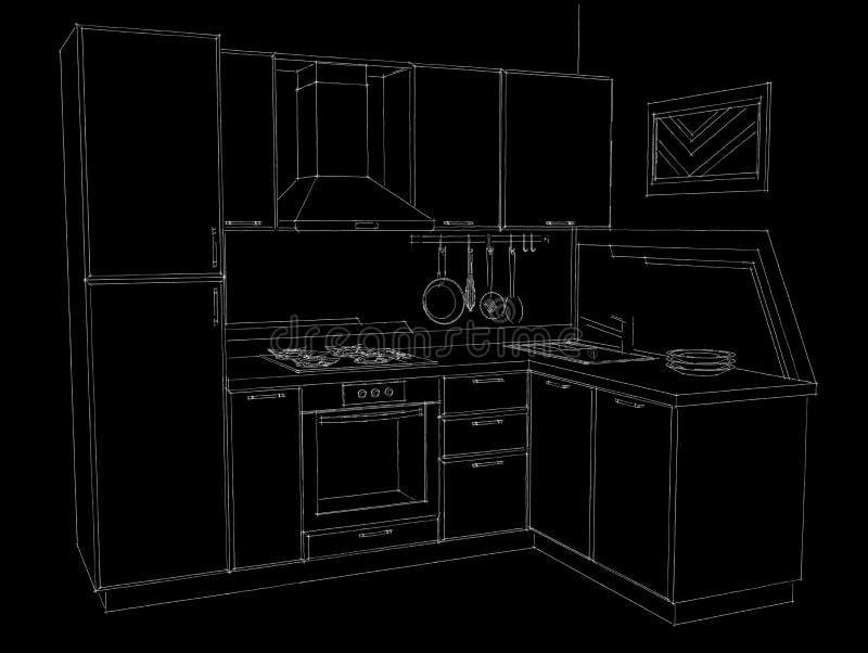 Black and white hand drawn pencil illustration of corner kitchen with built in fridge. Perspective view stock illustration