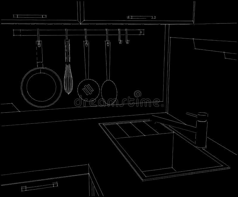 Black and white sketch of kitchen corner with sink and wall pot rack. Sketch of kitchen corner with sink and wall pot rack. Black and white 3d outline royalty free illustration