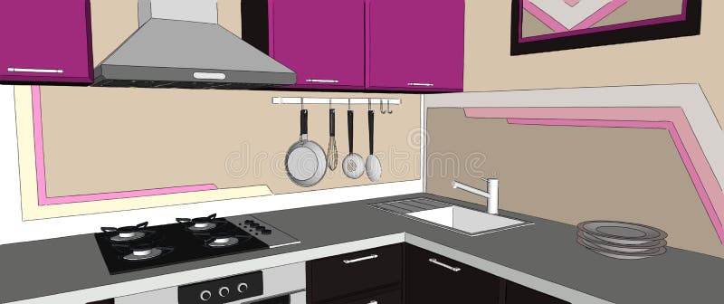 Close up of contemporary violet and brown kitchen corner interior with hood, cooktop, sink and appliances. Close up of contemporary violet and brown kitchen vector illustration