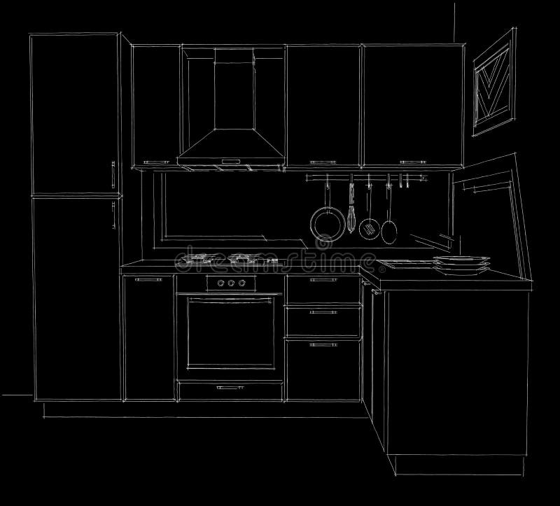 Contour sketch illustration of modern corner kitchen with built in fridge black and white. Front perspective view over black background royalty free illustration