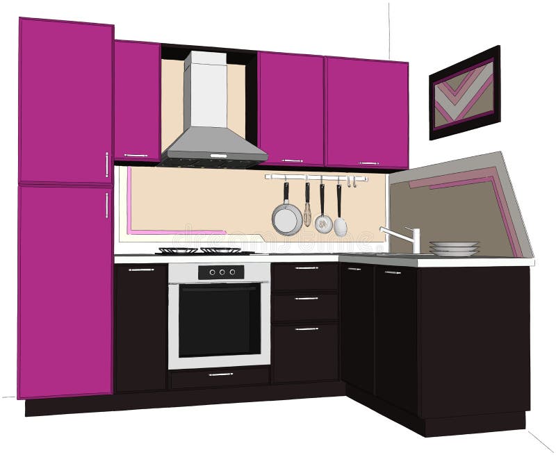 3D illustration of bright lilac and brown corner kitchen with built in fridge isolated. Perspective view vector illustration