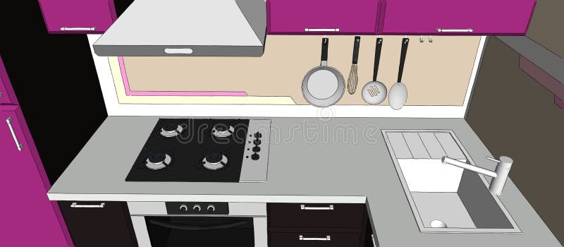 3d illustration of purple and brown kitchen corner with appliances. 3d illustration of purple and brown kitchen corner with fume hood, cook top, sink and stock illustration