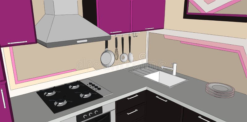 3D illustration of purple and brown kitchen corner with fume hood, gas hob, sink and wall pot rack. Close up of modern purple and brown kitchen corner interior vector illustration