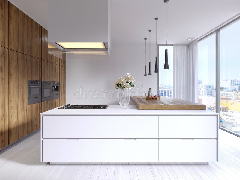 Designed corner white kitchen in the Scandinavian style. With hardwood bar top with pendant lights and hood. 3d rendering stock illustration