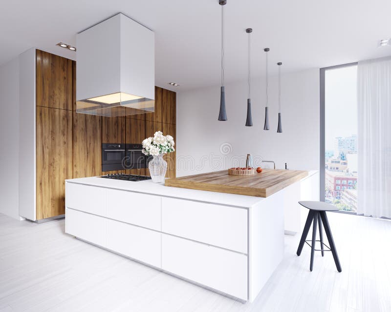 Designed corner white kitchen in the Scandinavian style. With hardwood bar top with pendant lights and hood. 3d rendering stock illustration