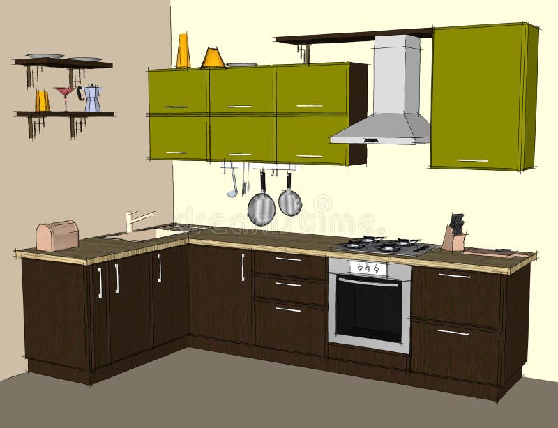 Green and brown modern corner kitchen interior. Sketch drawing of green and brown modern corner kitchen interior royalty free illustration