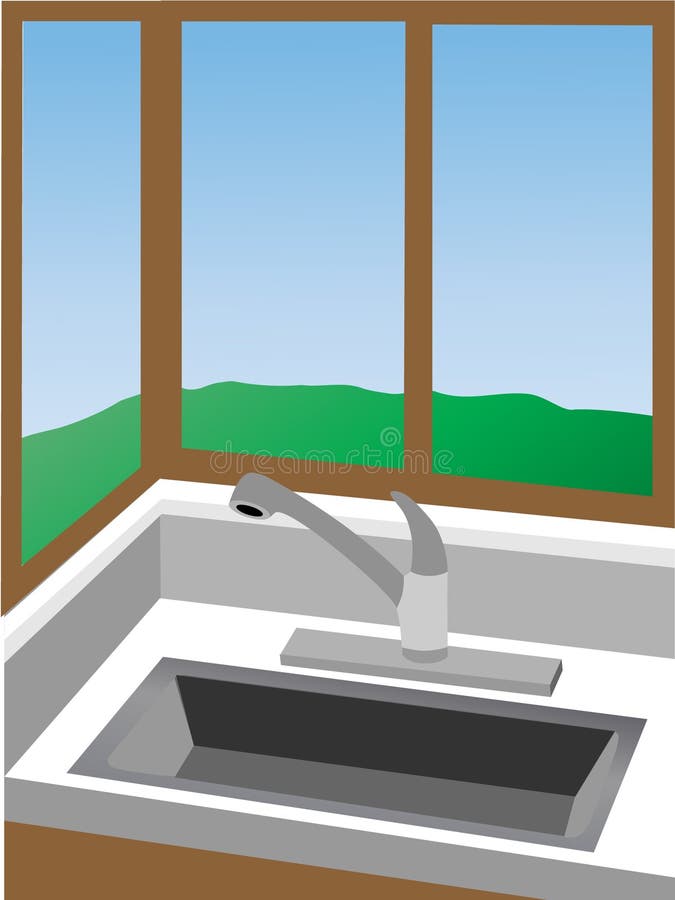 Kitchen corner at sink surrounded by win. Angled 3D style view of kitchen corner by sink next to windows with lawn outside royalty free illustration