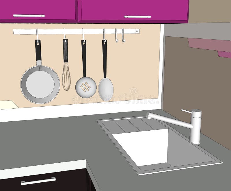 Kitchen sink and appliances drawing. Close up of purple and brown kitchen corner with sink and wall pot rack. 3D sketch drawing stock illustration