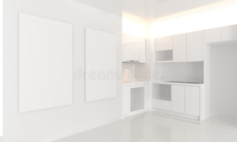 Mock up white tone corner of kitchen interior design. 3D rendering vector illustration