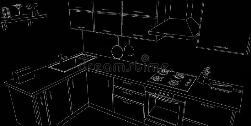 Modern corner kitchen contour sketch white pencil lines on black background. Modern corner kitchen sketchy 3d illustration. White lines on black background vector illustration