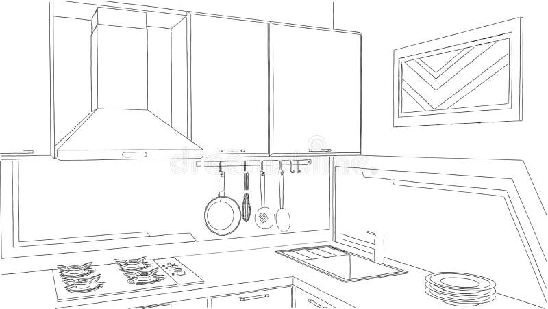 Modern corner kitchen interior sketch drawing. Abstract outline sketch drawing of kitchen interior with fume hood, sink and kitchen utensils stock illustration