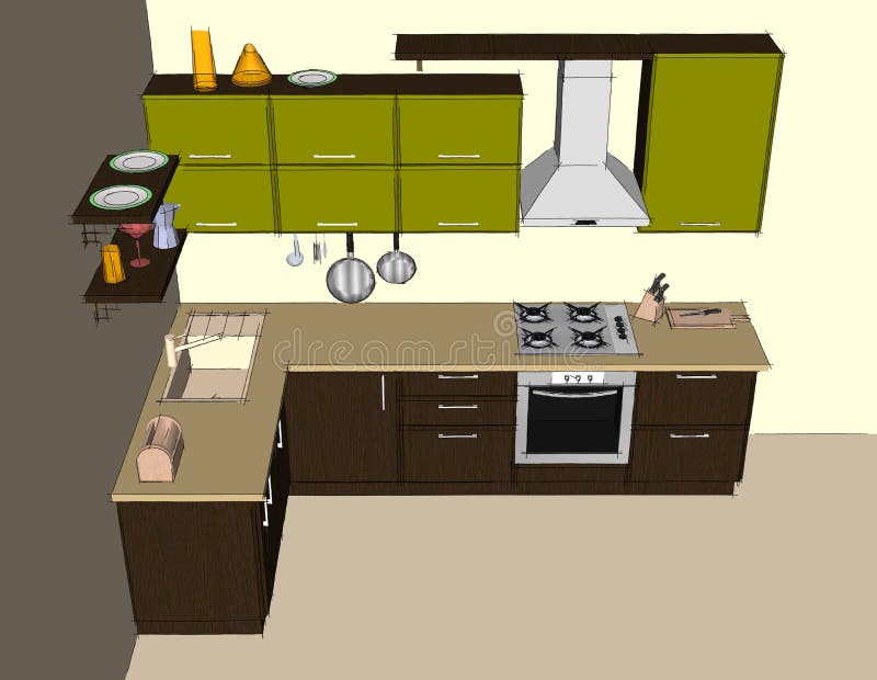 Modern corner kitchen interior. Top view. Sketch abstract drawing of green and brown modern corner kitchen interior. Top view vector illustration