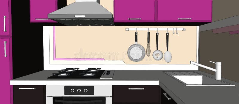 Purple and brown kitchen interior drawing. Hand drawn sketch illustration of bright lilac and brown corner kitchen interior isolated. Front perspective view royalty free illustration