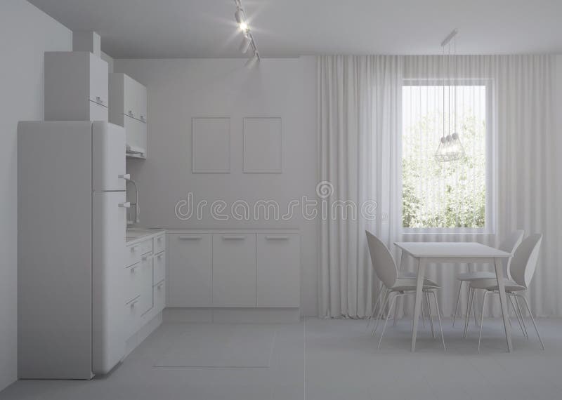 Scandinavian-style corner kitchen with yellow fridge. 3D rendering stock illustration