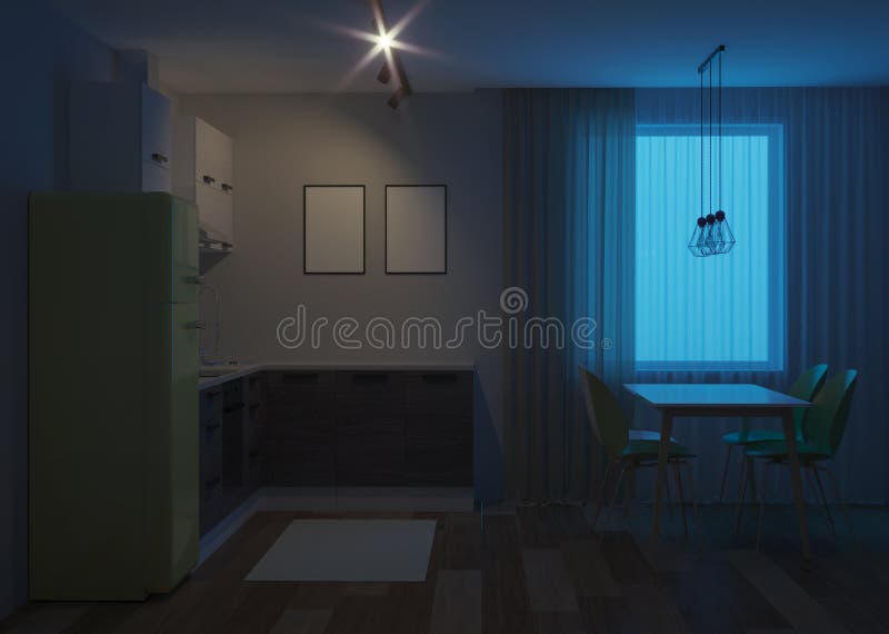 Scandinavian-style corner kitchen with yellow fridge. 3D rendering vector illustration