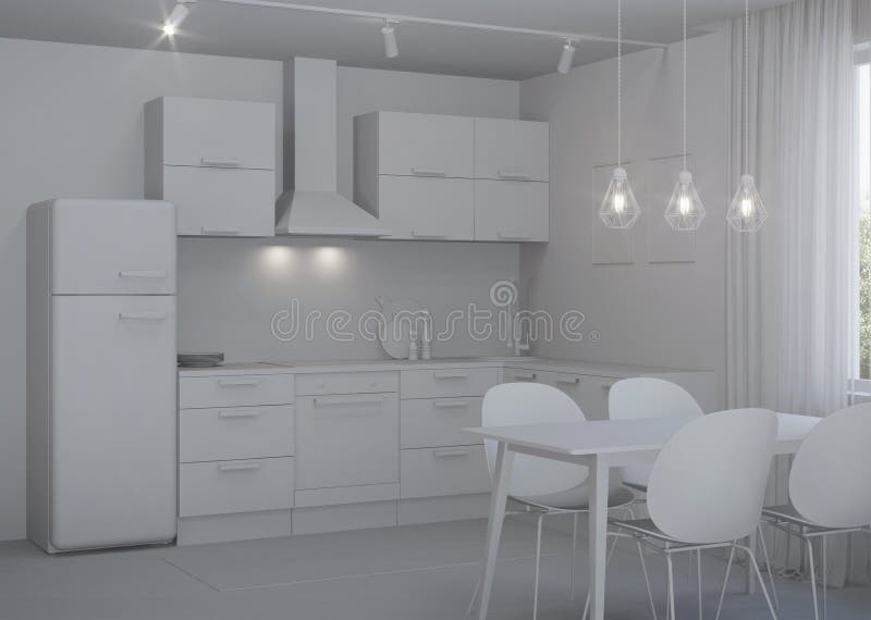 Scandinavian-style corner kitchen with yellow fridge. 3D rendering royalty free illustration