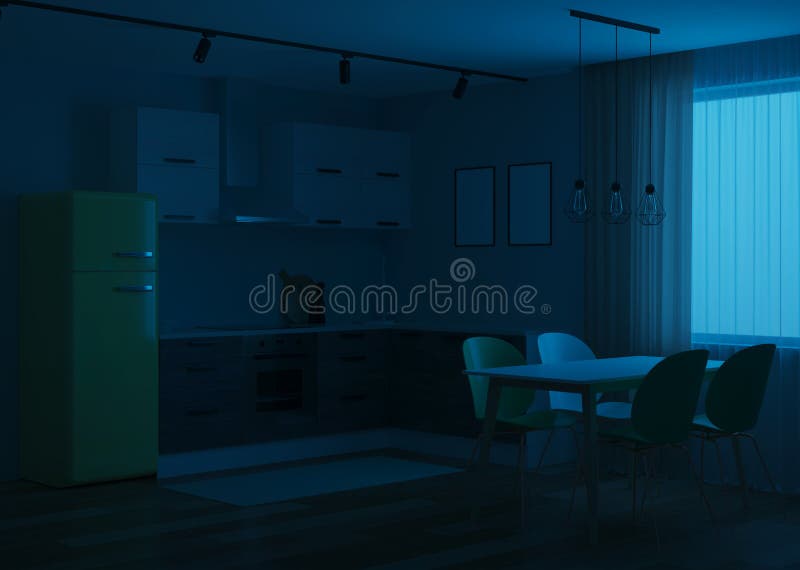 Scandinavian-style corner kitchen with yellow fridge. 3D rendering stock illustration