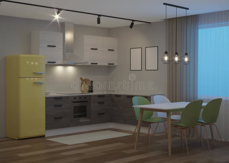 Scandinavian-style corner kitchen with yellow fridge. 3D rendering royalty free illustration