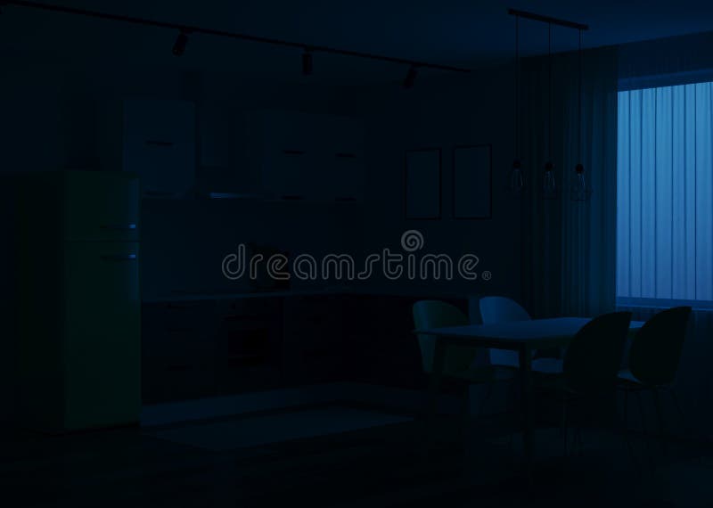 Scandinavian-style corner kitchen with yellow fridge. 3D rendering vector illustration