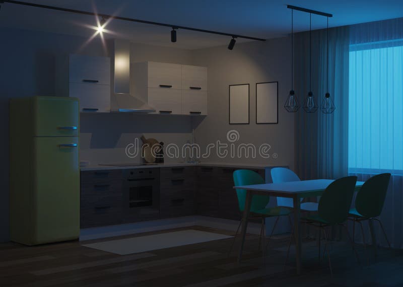 Scandinavian-style corner kitchen with yellow fridge. 3D rendering royalty free illustration