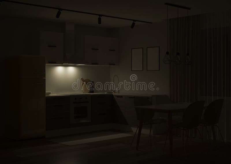 Scandinavian-style corner kitchen with yellow fridge. 3D rendering vector illustration