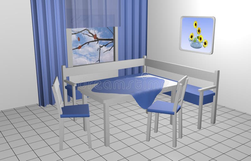 Seating corner for the kitchen in blue and white. With murals and window with curtains. 3d rendering royalty free illustration