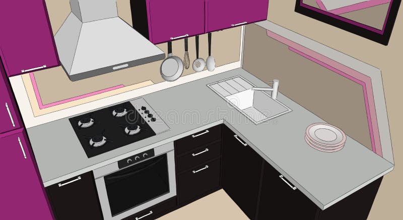 Sketch abstract colored drawing of purple and brown modern corner kitchen interior. Top view royalty free illustration