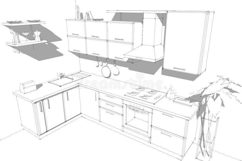 Sketch abstract drawing of 3d modern corner kitchen interior black and white. Sketch of modern corner kitchen. 3d abstract illustration. Black wire lines on stock illustration