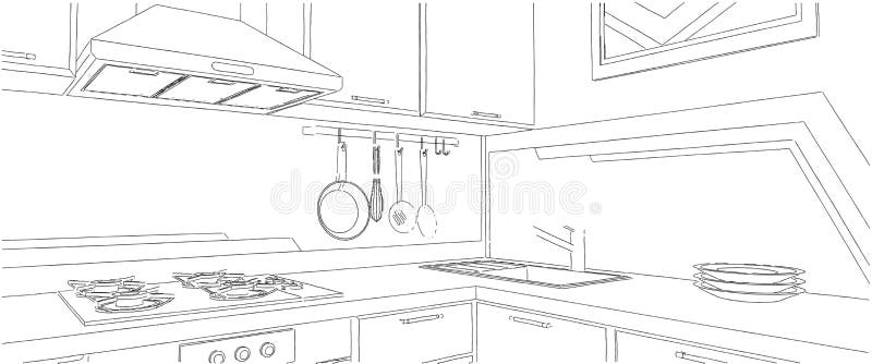 Sketch of kitchen corner with kitchen utensils. Sketch of kitchen corner with sink, wall pot rack, fume hood, cooktop and geometry painting on the wall royalty free illustration
