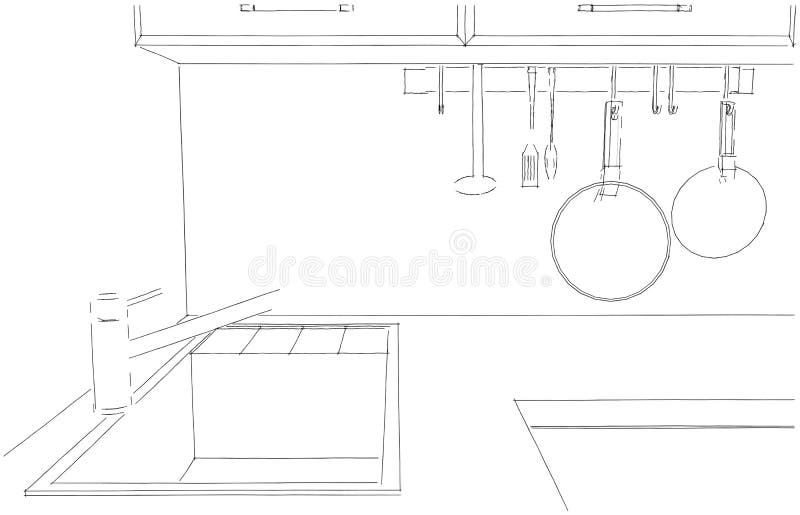 Sketch of kitchen corner with sink and kitchenware. 3d outline illustration stock illustration