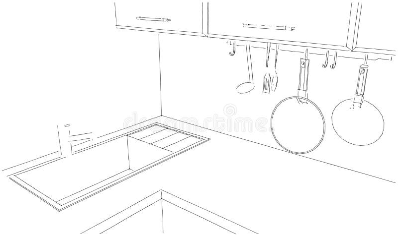 Sketch of kitchen corner with sink and kitchenware. 3d outline illustration vector illustration