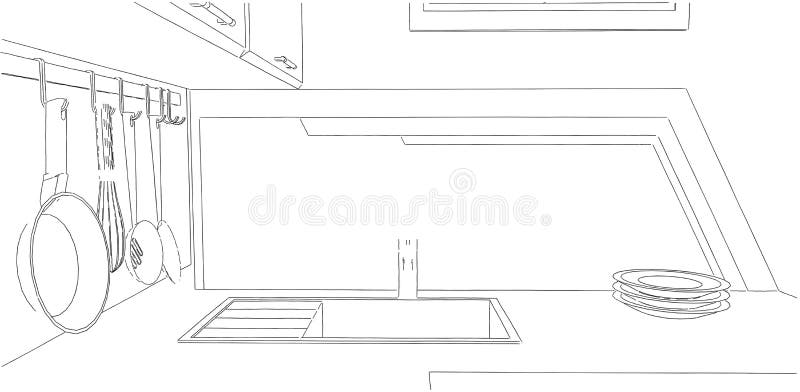 Sketch of kitchen corner. With sink and wall pot rack stock illustration