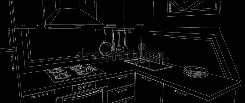 Sketch of kitchen corner with sink, wall pot rack, fume hood, cooktop and geometry painting on the wall. Outline black and white illustration royalty free illustration