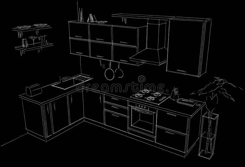 Sketch of modern corner kitchen. Freehand illustration. White lines on black background. Modern corner kitchen sketchy 3d illustration. White lines on black vector illustration